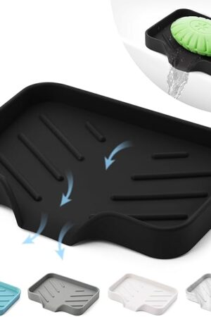 Black Silicone Soap Dish Tray, Self Draining Soap Holder for Bar Soap, Silicone Soap Tray with Drainage, Dish Soap Tray for Kitchen Counter, Plastic Free, S(4.7x3.5)