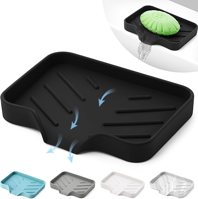 Black Silicone Soap Dish Tray, Self Draining Soap Holder for Bar Soap, Silicone Soap Tray with Drainage, Dish Soap Tray for Kitchen Counter, Plastic Free, S(4.7x3.5)