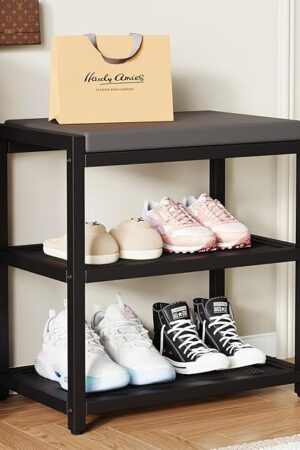 ZHOOGE Small Shoe Bench Shoe Rack Storage Bench Entryway Bench Shoe Shelf with Seat Cushion, Stable Shoe Organizer for Entryway, Living Room, Bench Seat Holds Up to 300 lb, (17"x 10"x 16", L x W x H)