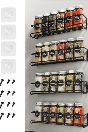 4Pcs Spice Rack Wall Mount Space Upgrade of Bolded Saving Spice Organizer for Spice Jars and Seasonings,Screw or Adhesive Hanging Spice Shelf Rack Organizer for Kitchen Cabinet Pantry Door