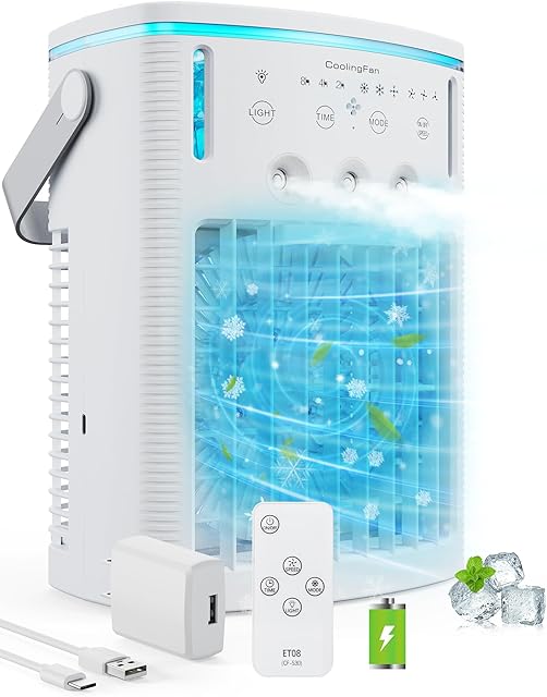 Portable Air Conditioners, Air Cooler Evaporative Personal Mini AC, 3 Wind Speed, 2-4-8H Timer, 3 Modes, Colorful Night Light, Portable AC for Room, Car, Bedroom, USB Adaptor