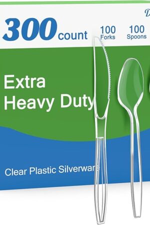 300 Count Extra Heavy Duty Clear Plastic Silverware, 100 Forks, 100 Spoons, 100 Knives, BPA-Free, Heat Resistant, Disposable Plastic Utensils Set, Plastic Cutlery Set, Plasticware Bulk