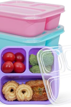 Bento Box Adult Lunch Box, 4 Pack, 3 Compartment Meal Prep Container for Kids, Snackle Box Container Reusable Food Storage for School, Work, and Travel Green Blue Pink Purple