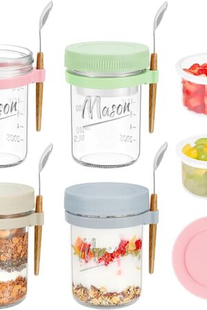 4 Pack Overnight Oats Containers with Lids and Spoons, 16 oz Mason Jars with Removable Separate Compartments, Airtight and Leak-Proof Glass Jars for Chia Pudding, Yogurt, and Oatmeal