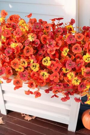 Artificial Fall Flowers for Outdoor, 12 Bundles Faux Pansy Fake Mums Flowers Plants Outdoor Fall Decor, UV Resistant No Fade Silk Flower for Porch Planter Patio Yard Garden(Orange Autumn Sunset Red)