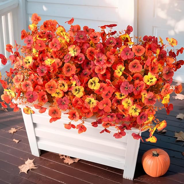 Artificial Fall Flowers for Outdoor, 12 Bundles Faux Pansy Fake Mums Flowers Plants Outdoor Fall Decor, UV Resistant No Fade Silk Flower for Porch Planter Patio Yard Garden(Orange Autumn Sunset Red)