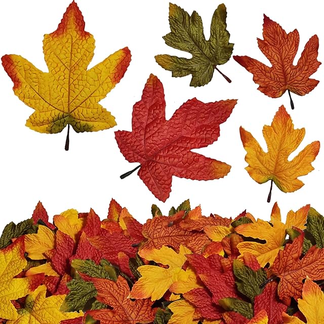 50Pcs Fall Artificial Maple Leaves,Fake Fall Maple Leaves Bluk for Thanksgiving Halloween,Faux Autumn Maple Leaves for Wedding Party Harvest Season Table Decor