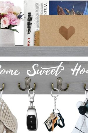 BUWAYS Key Holder Wall Mount Solid Wood 4 Double Hooks Gray