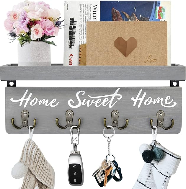 BUWAYS Key Holder Wall Mount Solid Wood 4 Double Hooks Gray