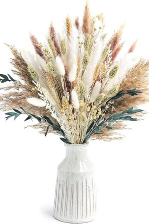 126pcs Dried Pampas Grass Decorations, Dried Flowers, Dried Bouquet in Vase, Reed Grass Bouquet for Boho Floral Wedding, Bedroom, Rustic Farmhouse Decor. (Vase Not Included)