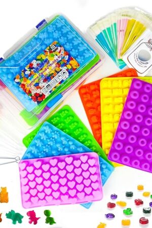 112PCS Mega Silicone Gummy Candy Molds Kit with 4 Droppers & 2 Brushes | BPA Free Non-Stick Molds 20 Shapes (Dinosaur/Donut/Fruit), Storage Box & 100 Wrappers