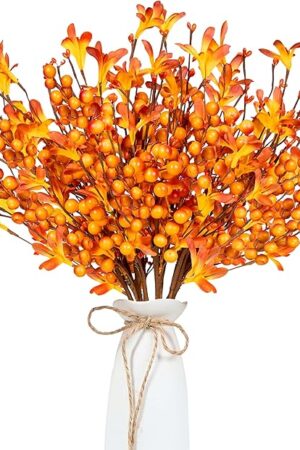 Artificial Fall Flowers 8 PCS Fall Floral Picks 17 Inch Orange Berry Stems with Berries Flowers for AutumnThanksgiving Harvest Festival Flower Arrangement Vases Centerpieces
