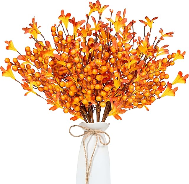 Artificial Fall Flowers 8 PCS Fall Floral Picks 17 Inch Orange Berry Stems with Berries Flowers for AutumnThanksgiving Harvest Festival Flower Arrangement Vases Centerpieces