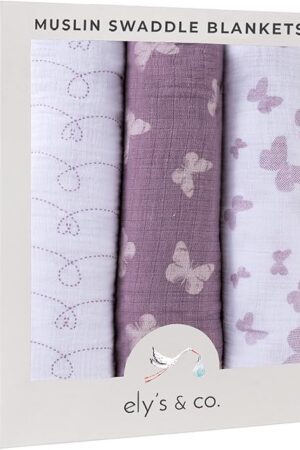 Ely's & Co. Muslin Swaddle Blanket 100% Soft Muslin Cotton 3 Pack 47"x 47" (Lavender Butterfly)