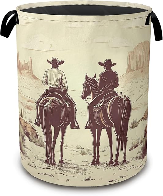 Western Cowboy Laundry Hamper,Collapsible Laundry Baskets,Mountain Cactus Dirty Clothes Baskets with Handles,Oxford Cloth Hamper for Bedroom,Bathroom,College Dorms, 16"x20"