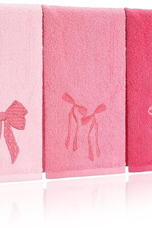 3 Pcs Pink Hand Towels for Bathroom Coquette Bow Embroidered Decorative Towel 100% Cotton Soft Absorbent Kitchen Facecloth Preppy Bathroom Decor Bridal Shower Wedding Gift 13.7 x 29.5''