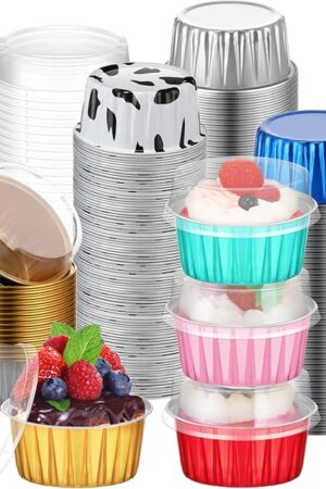120 Pcs Aluminum Foil Baking Cups Mini Cake Pans with Lids 5 oz Cupcake Liners Disposable Muffin Tins Wrappers Baking Foil Ramekins Pans Aluminum Cupcake Cups for Birthday Party(Multicolor)