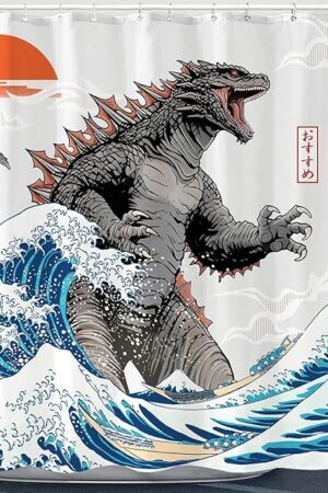 Dinosaur Shower Curtain Monster Funny Shower Curtain Japanese Ocean Wave Shower Curtains Bathroom Curtain Decor Set with 12 Hooks Japanese Monster 72×72 Inches