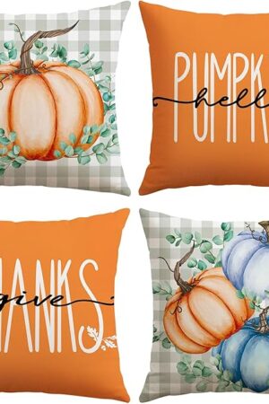 Artscope Fall Decorative Throw Pillow Covers 18x18 Inch Set of 4, Hello Pumpkin Give Thanks Buffalo Plaid Outdoor Farmhouse Pillow Cases for Home Sofa Couch-Orange