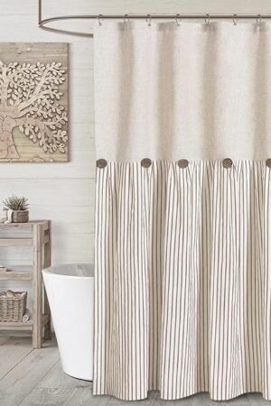Awellife Farmhouse Beige Shower Curtain Button Linen Textured Woven Fabric,Pleated Beige Stripe,Country Style,72x72 Inch