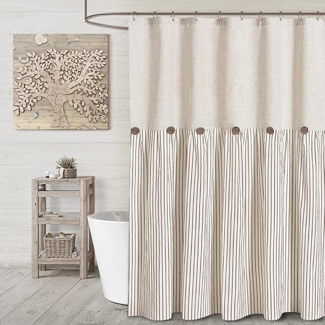 Awellife Farmhouse Beige Shower Curtain Button Linen Textured Woven Fabric,Pleated Beige Stripe,Country Style,72x72 Inch