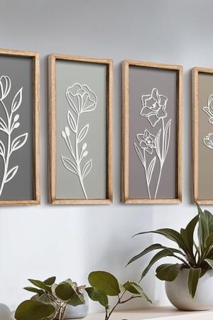 3D Wooden Floral Bathroom Wall Decor (Set of 4) Lightweight, Ready-to-Hang Framed Wall Art For Living Room, Bedroom, or Office - Premium Boho Botanical Farmhouse Decorations - Gift-Boxed