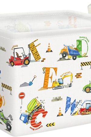 Clastyle Large Alphabet Construction Car Book Shelf Basket Collapsible Rectangle Excavator Ambulance Monster Truck Boy Bin Clothes Toy Car Storage Basket for Kids Room Nursery