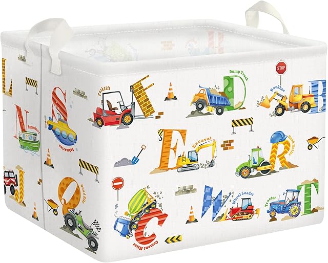 Clastyle Large Alphabet Construction Car Book Shelf Basket Collapsible Rectangle Excavator Ambulance Monster Truck Boy Bin Clothes Toy Car Storage Basket for Kids Room Nursery