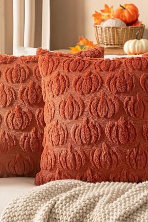 Woaboy Fall Decorative Pillow Covers 18x18 Inch, Rust, Set of 2 Pumpkin Halloween Thanksgiving Autumn Harvest Soft Faux Fur Pillows for Couch Porch Sofa Bedroom Living Room Home Decor