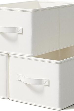 3 Pack Fabric Storage Bins for Shelves | 14¾" L*10¼" W*8¼" H Closet Storage Bins | Collapsible Closet Organizers for Clothes | Linen Clothes Bins | White & Ivory
