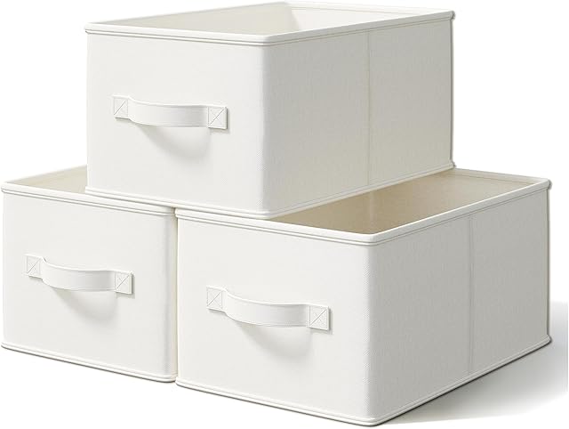 3 Pack Fabric Storage Bins for Shelves | 14¾" L*10¼" W*8¼" H Closet Storage Bins | Collapsible Closet Organizers for Clothes | Linen Clothes Bins | White & Ivory