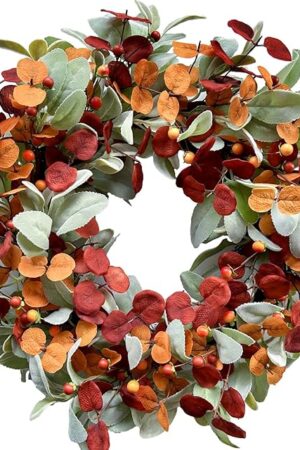 Artificial Fall Wreath for Front Door, Autumn Door Wreath with Lambs Ears Leave Eucalyptus Leaves Berry,Fall Wreaths for Indoor Outdoor Farmhouse Home Wall Window Festival Wedding Decor