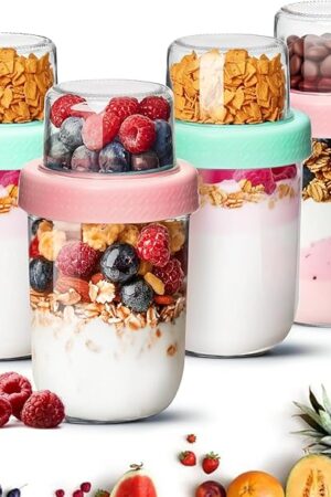 ComSaf 4-Pack 16 oz Overnight Oats Containers with Lids, Dual-Laryer Chia Pudding Jars with Dry and Wet Separation, Yogurt Parfait Cups for Oatmeal Cereal Nut Fruit, Meal Prep Glass Jars for Salad