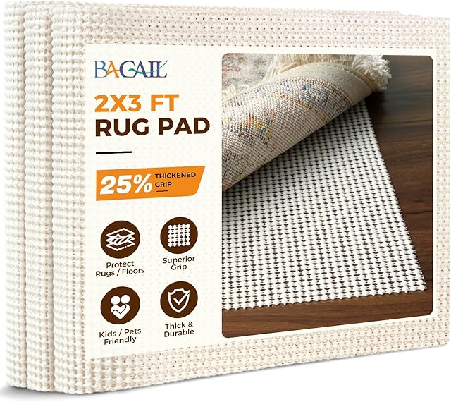 BAGAIL BASICS 2 x 3 FT Rug Pad Gripper for Hardwood Floors, Non Slip Rug Pads for Area Rugs, Extra Thick Under Rug Padding, Protect Your Rugs & Floors