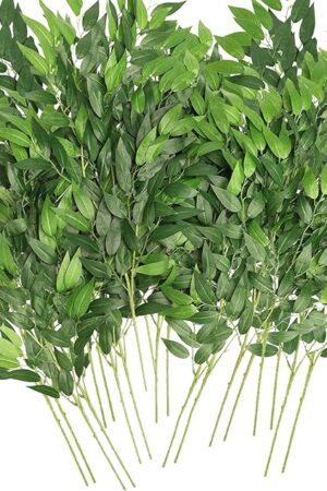 Artificial Italian Ruscus Greenery Stems, 20 Pack Faux Green Leaf Garland Branches Hanging Greenery Spray for Wedding Bouquet Arch Table Centerpiece Home Decor