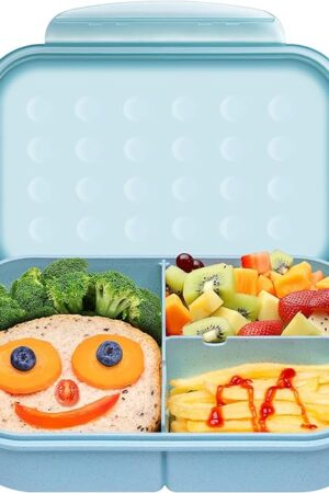 Wheat Straw Bento Box - Leak-Proof Lunch Box Containers for Kids & Adults,3-Compartment 1300ml with Utensils,Ideal for School Office & Outdoor (Blue)