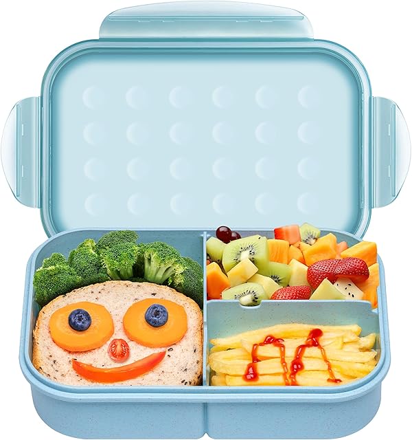 Wheat Straw Bento Box - Leak-Proof Lunch Box Containers for Kids & Adults,3-Compartment 1300ml with Utensils,Ideal for School Office & Outdoor (Blue)