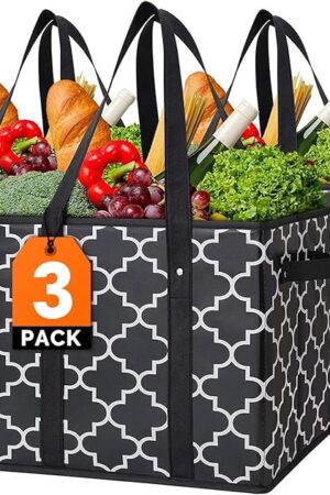 WISELIFE Reusable Grocery Bags 3-Pack Foldable Washable Large Storage Bins Basket Water Resistant Shopping Tote Bag Black