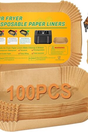 BYKITCHEN Air Fryer Disposable Paper Liners for Ninja Dual Airfryer, 100PCS Rectangle Air Fryer Parchment Paper Sheets for Ninja DZ201/DZ401/DZ550/SL401 & More, Ninja Airfryer Double Stack Accessories