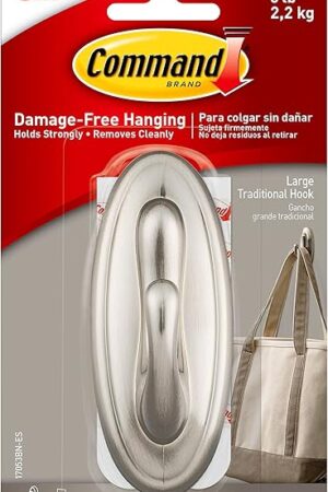 3M Command 17053BN Traditional Plastic Hook, Large, Brushed Nickel