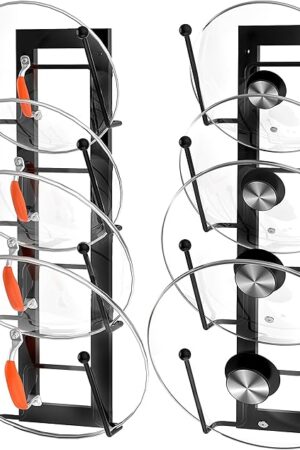 8 Layers of Adjustable Pot Lid Organizer Rack for Cabinet Door/Wall，2Pack Lid Organizer Pots and Pans Holder for Kitchen Storage with No Drilling Adhesive (Black)