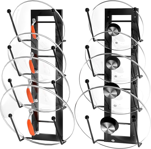 8 Layers of Adjustable Pot Lid Organizer Rack for Cabinet Door/Wall,2Pack Lid Organizer Pots and Pans Holder for Kitchen Storage with No Drilling Adhesive (Black)