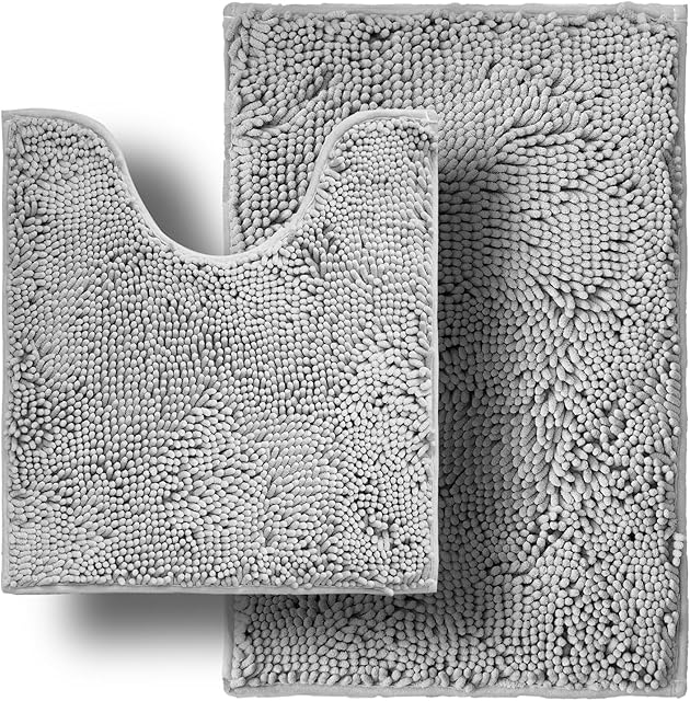 Bathroom Rugs Sets 2 Piece,Super Absorbent Soft,Thick,Machine Washable Chenille Bath Mat,Non Slip Toilet Floor Rug,Bath Mats for Bathroom,20x32 Plus 20x20 U Shape,Light Grey