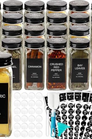 AISIPRIN 24 Pcs Glass Spice Jars with 398 Labels, 4oz Empty Square Spice Containers Seasoning Bottles - Shaker Lids, Funnel, Brush and Marker Included(Black Metal Caps)