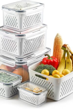5 Set Fruit Storage Containers for Fridge with Colanders Dishwasher Safe, Leakproof Fruit and Vegetable Storage BPA-Free Plastic, Produce Storage Keep Berry Fruit Veggie Meat Fresh