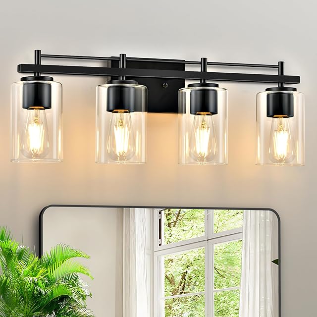 4-Light Modern Bathroom Lights Fixtures Black Vanity Light Wall Lamp