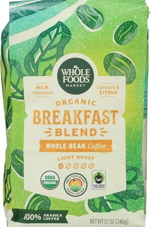 Whole Foods Market, Organic Breakfast Blend Whole Bean Coffee, Light Roast, Milk Chocolate, Caramel & Citrus, 12 Ounce