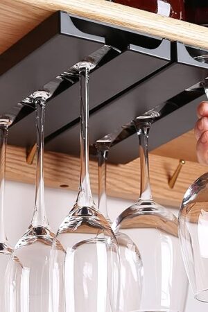 Wine Glass Holder Under Shelf Cabinet Wine Glass Rack Plastic Stemware Rack Glassware Drying Storage Hanger for Kitchen,Bar and Restaurant (Black-2Pack)