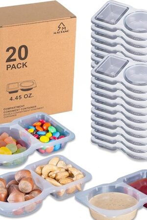 20 Sets Condiment Container with Lid, Disposable Double Compartment Plastic Container for Sauce Snack