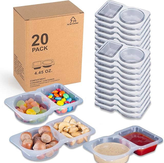 20 Sets Condiment Container with Lid, Disposable Double Compartment Plastic Container for Sauce Snack